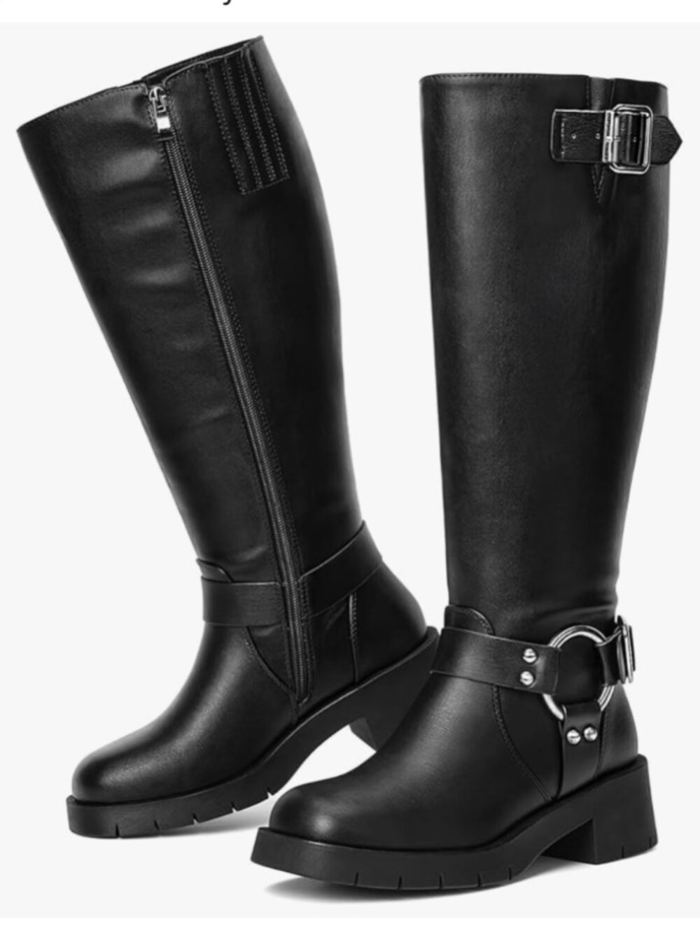 Wide Calf Knee High Motorcycle Boots Size 10 Black Chunky Heel
